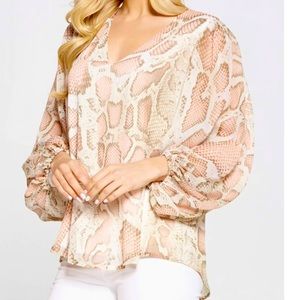 Adrienne Snake Print Blouson Sleeve V-Neck Pink Blush Metallic Size Small